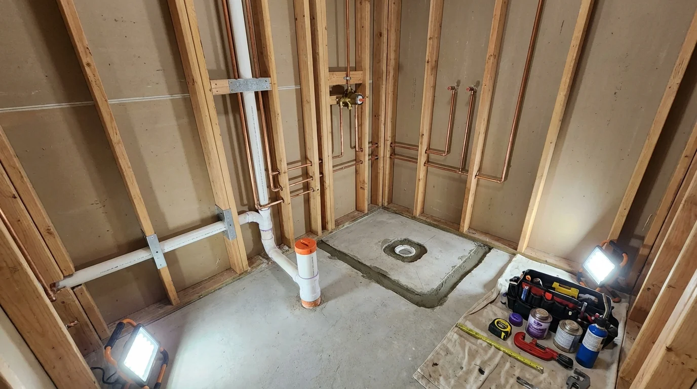Bathroom rough-in plumbing during remodel by Johns Plumbing LLC in Traverse City