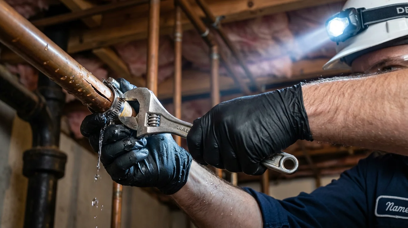 Emergency pipe clamp repair being performed by a Johns Plumbing LLC plumber in Traverse City