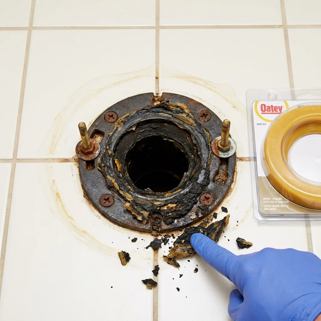 Failed wax ring showing water seepage at the base of a toilet in a Traverse City, MI home
