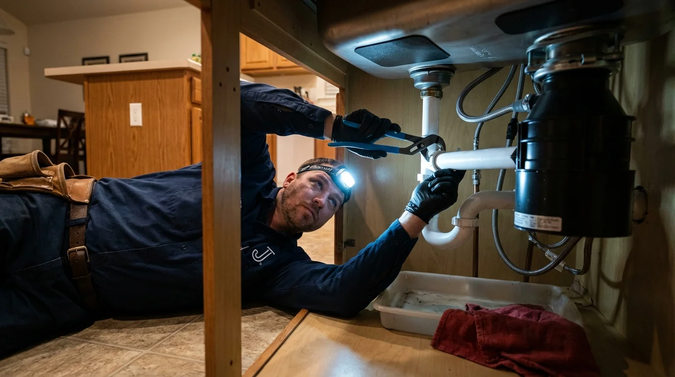 P-trap and supply line connections under a kitchen sink showing a common leak point in Traverse City, MI